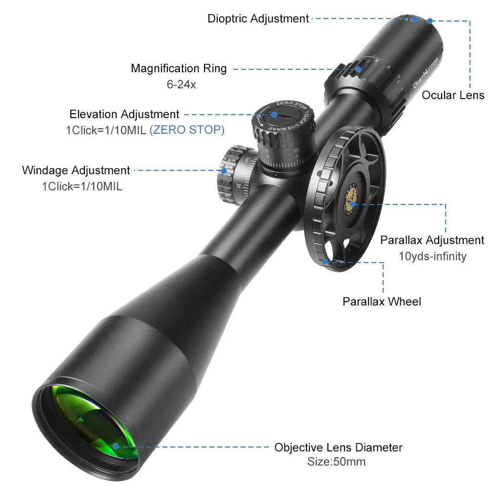 Riflescope 6-24X50 FFP 1/10 MIL with 20mm mount - ZS