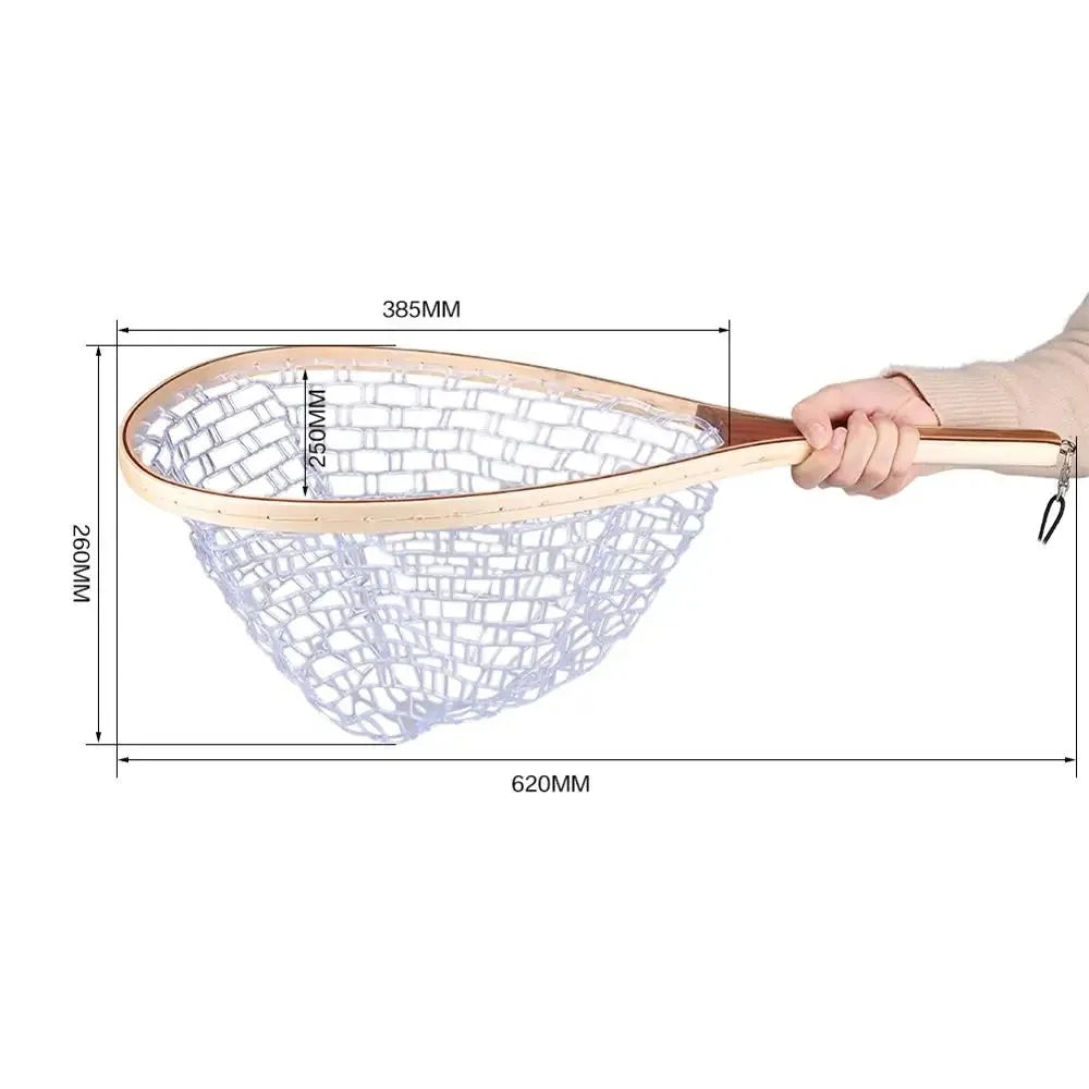 Fishing Net with Clear Rubber Mesh Netting Wooden Handle