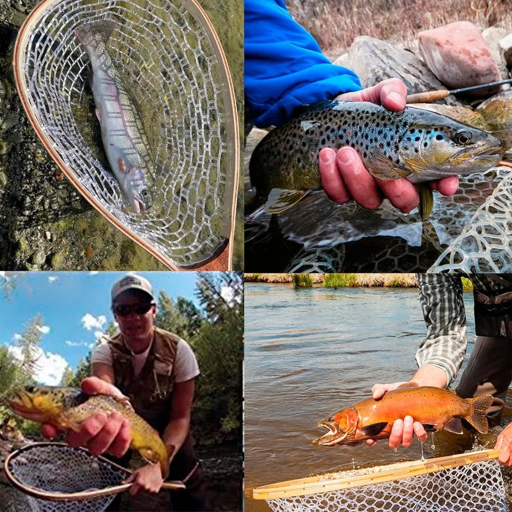 Fishing Net with Clear Rubber Mesh Netting Wooden Handle