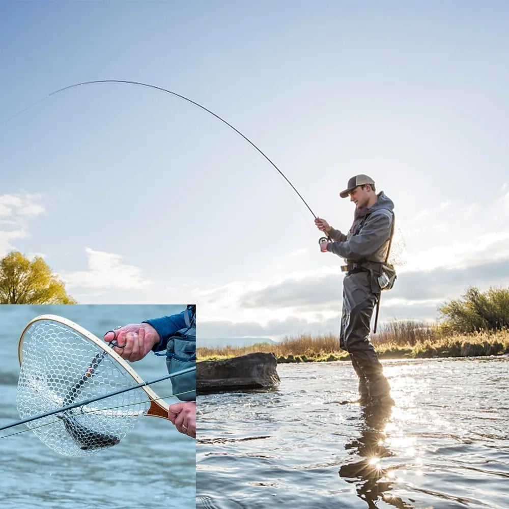 Fishing Net with Clear Rubber Mesh Netting Wooden Handle