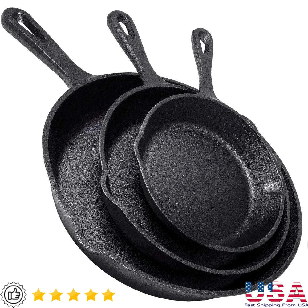 Heavy Duty Cast Iron Skillet Set 3 Piece Pre-Seasoned