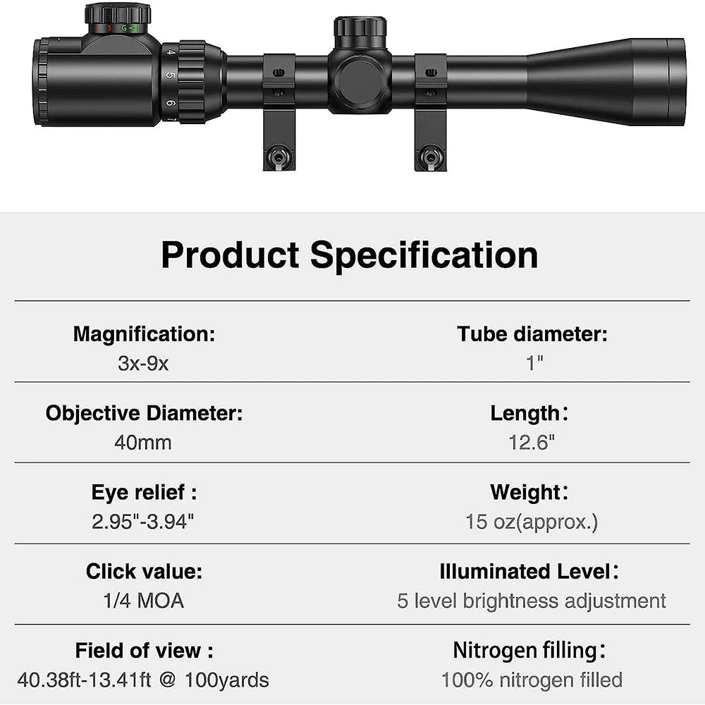 3-9x40 rifle Scope with Red and Green Hunting Sights