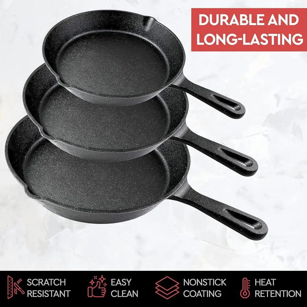 Heavy Duty Cast Iron Skillet Set 3 Piece Pre-Seasoned
