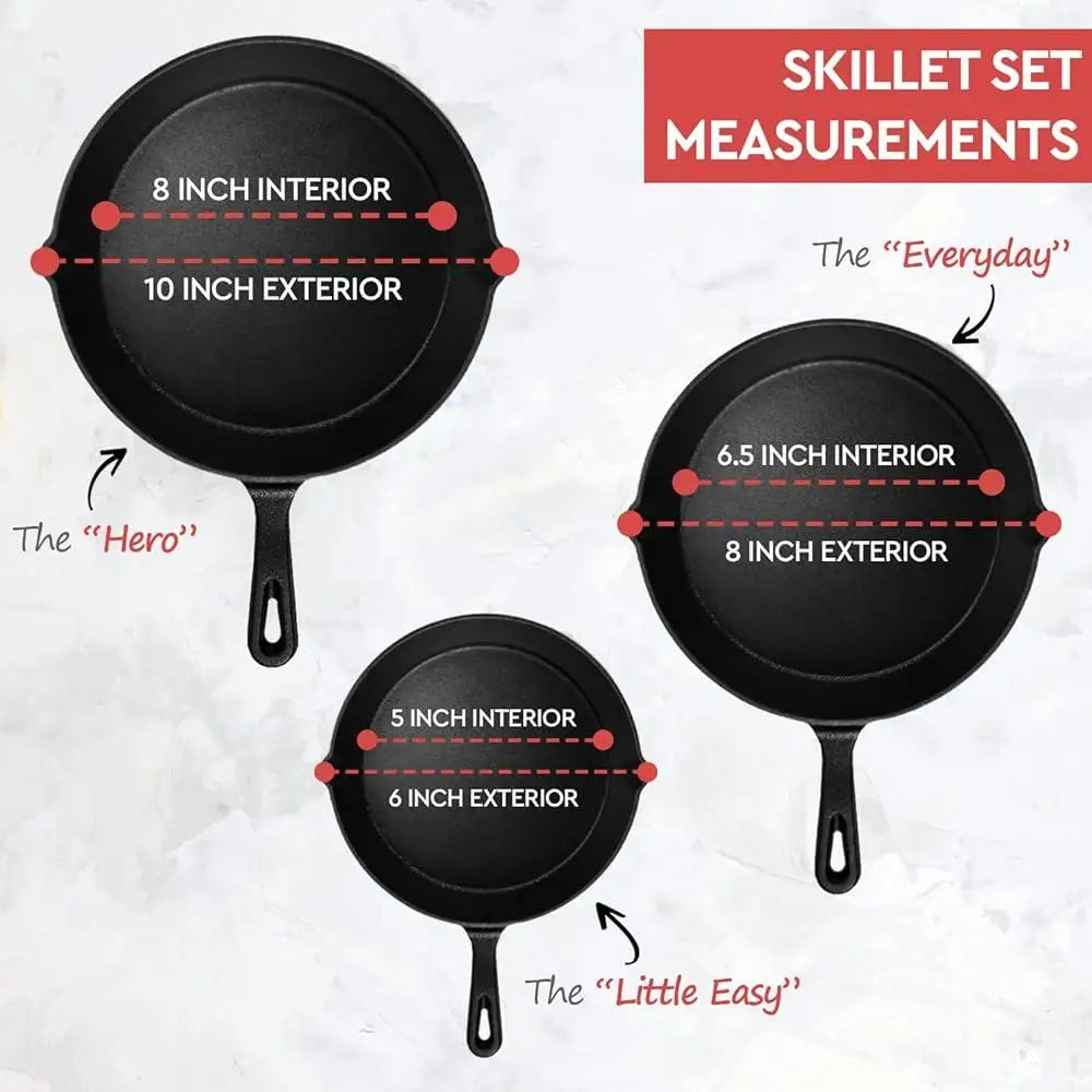 Heavy Duty Cast Iron Skillet Set 3 Piece Pre-Seasoned