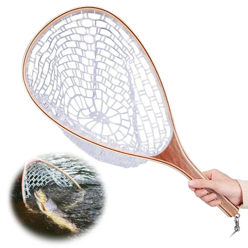 Fishing Net with Clear Rubber Mesh Netting Wooden Handle
