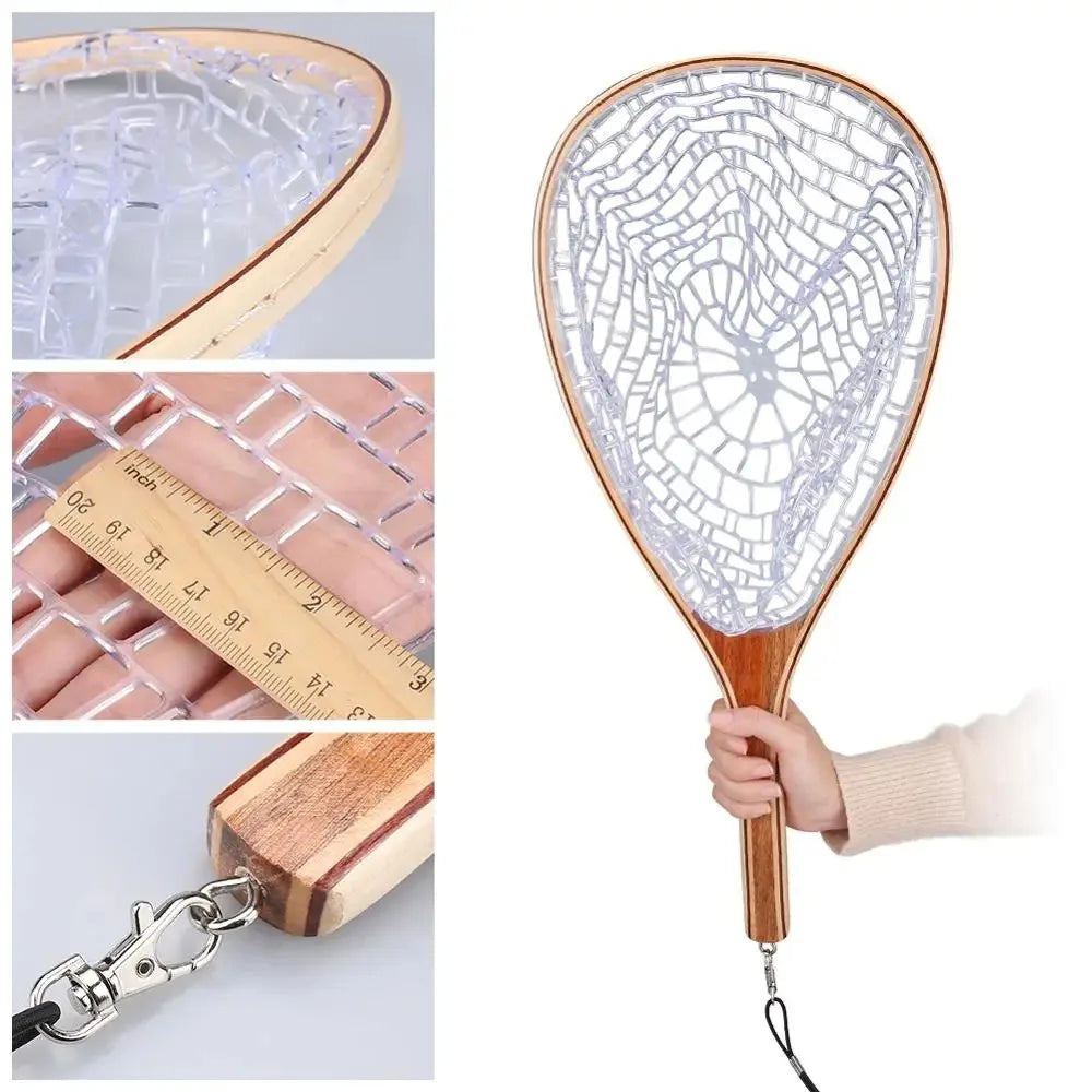 Fishing Net with Clear Rubber Mesh Netting Wooden Handle
