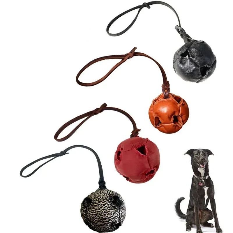 Leather Dog Ball Tug Toy, with Handle
